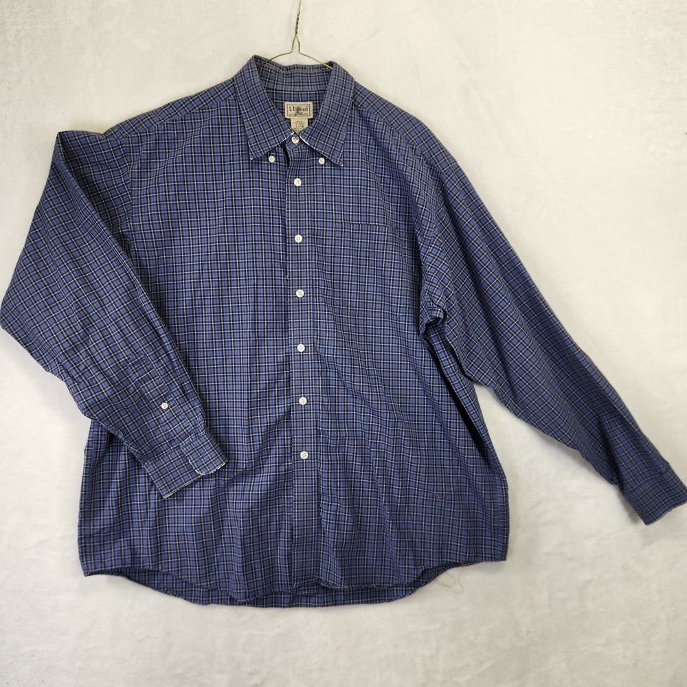 LL‎ Bean Mens Plaid Button Down Shirt Long Sleeve Blue Yellow Check Size XL Reg